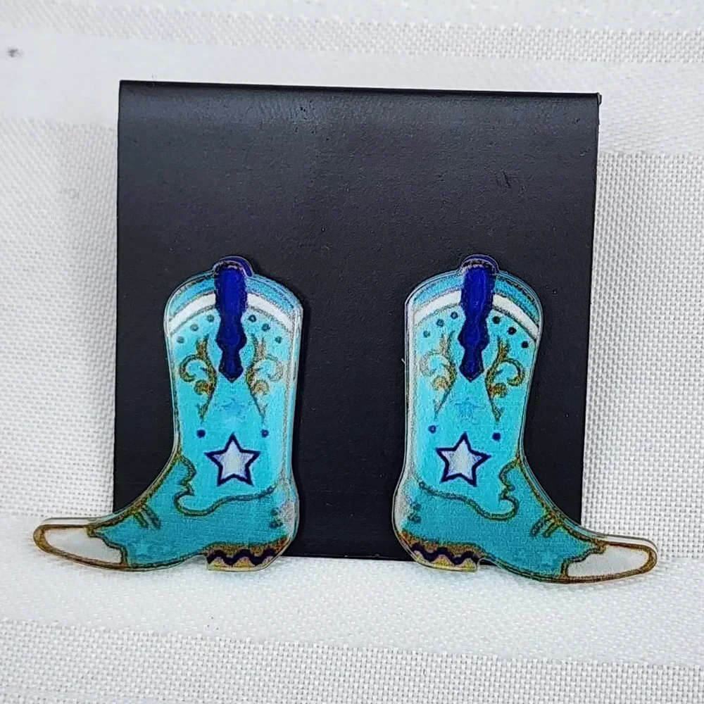 Turquoise Acrylic Cowboy Boot Earrings Post Back NWT